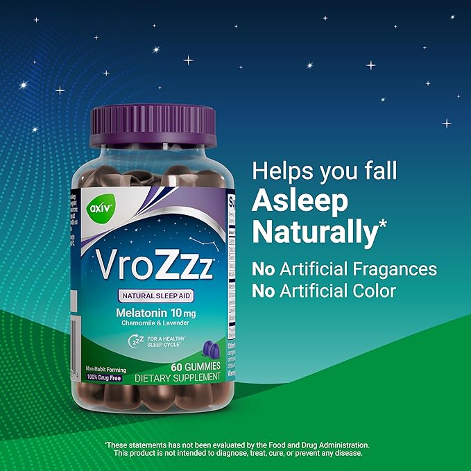 AXIV VroZzz Melatonin Sleep Aid Gummies, 10 mg Melatonin, Helps You Asleep Naturally, Sleep Aid, Occasional Nap Support, Chamomile, Lavender & Valerian Root, 60 Count