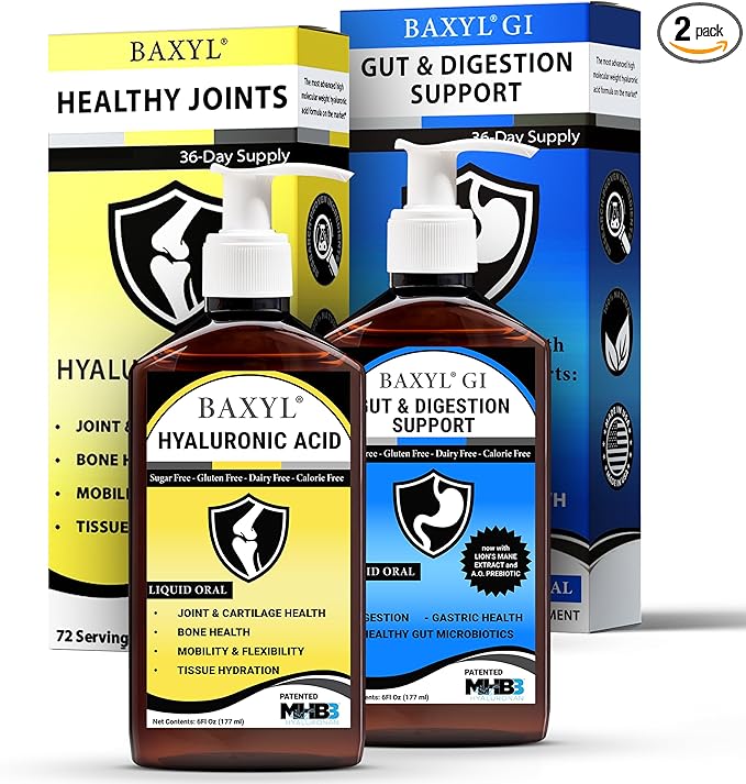 BAXYL & BaxylGI Bundle Pack - (6 fl oz Each) - Hyaluronic Acid Joint Supplement & Hylarunonan Amaferm Prebiotic Digestive Supplement.