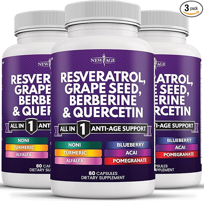 NEW AGE Resveratrol, Berberine, Grape Seed Extract, Quercetin, Polyphenol Supplement for Women and Men with Noni Extract, N-Acetyl Cysteine, Acai Extract - 180 Capsules
