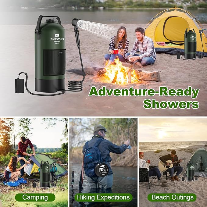 Portable Shower for Camping, 5 Gal/20 L Solar Heating Camping Shower Bag with Shower Pump, Portable Shower Head, Essential for Camping,Festivals, Overlanding, Beach Trips,Outdoor Showers