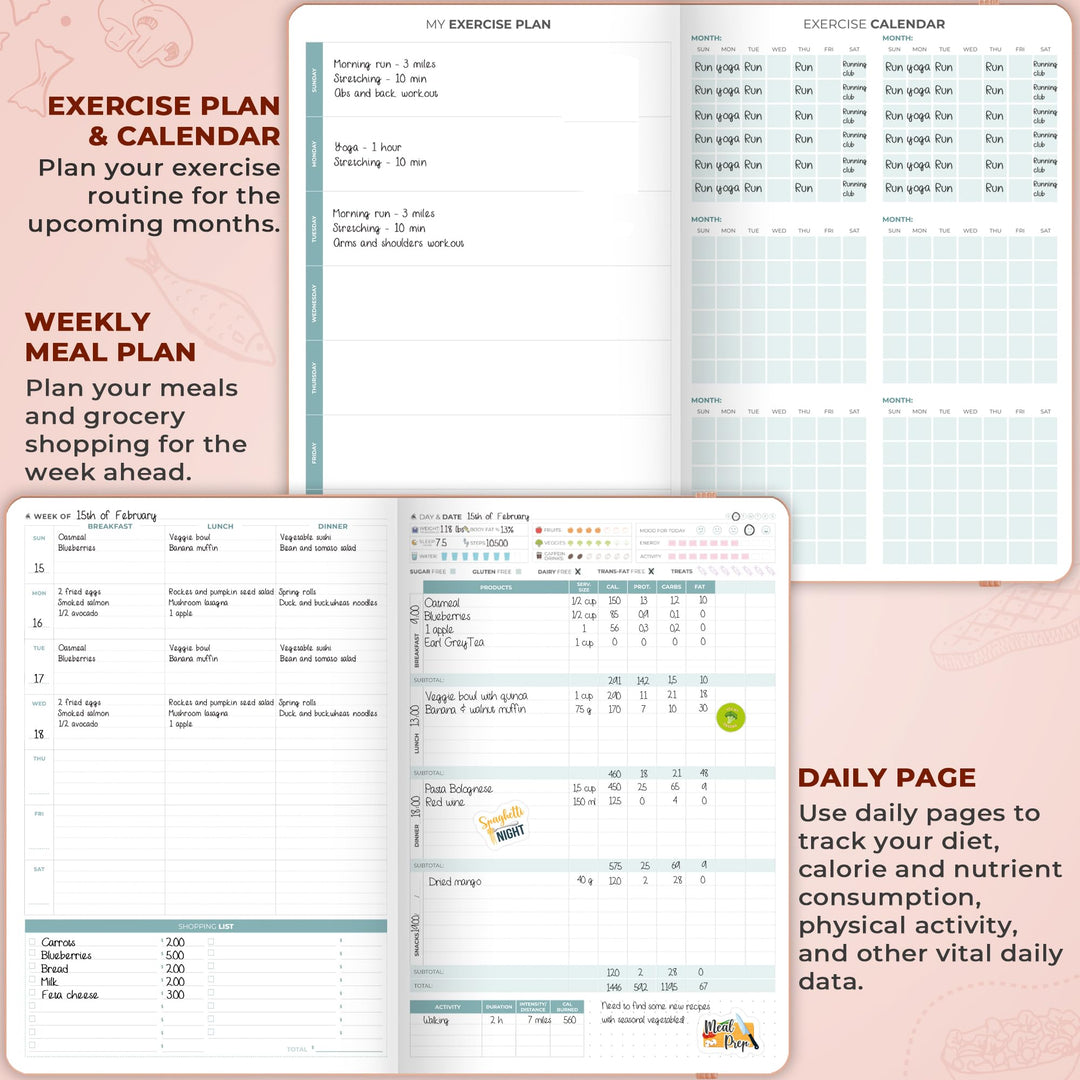 Clever Fox Food Journal Pro – Diet & Wellness Planner for Women & Men – Weight Loss Diary with Calorie Tracker – Food Log for Tracking Meals, Exercise & Weightloss - Undated, 7" x 10" Light Pink