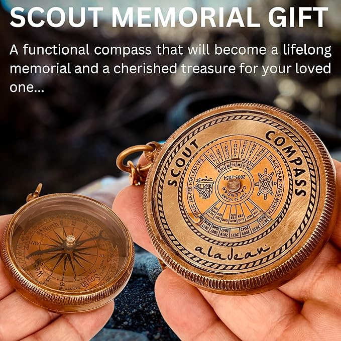 Scout Compass Gift Boys - Engraved Scout Oath Compass in wood Box Scout Always Prepared Camping Orienteering Compass, Hiking Backpacking Compass gift, 50 year calander