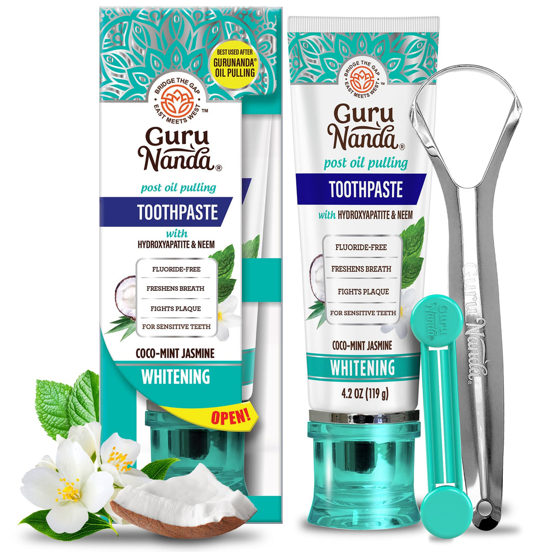 GuruNanda Hydroxyapatite Toothpaste, SLS & Fluoride Free, Whitening Toothpaste - Freshens Breath, Fights Plaque - Natural CocoMint Jasmine Neem, 4.2oz