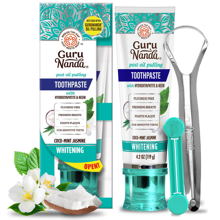 GuruNanda Hydroxyapatite Toothpaste, SLS & Fluoride Free, Whitening Toothpaste - Freshens Breath, Fights Plaque - Natural CocoMint Jasmine Neem, 4.2oz