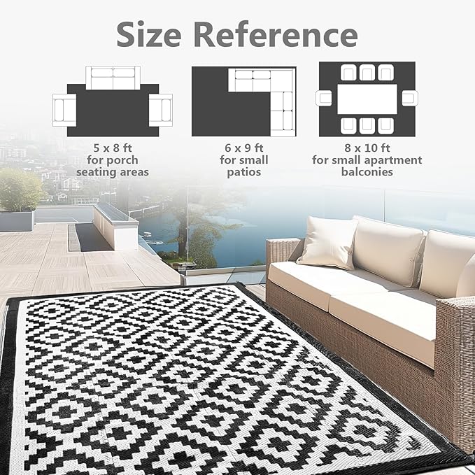 5x8 ft Outdoor Rug Waterproof, Plastic Straw Patio Carpet - UV Resistant Reversible Indoor Outdoor Rugs for Porch, Camping, Poolside, RV, Balcony, Easy to Clean, Black and White