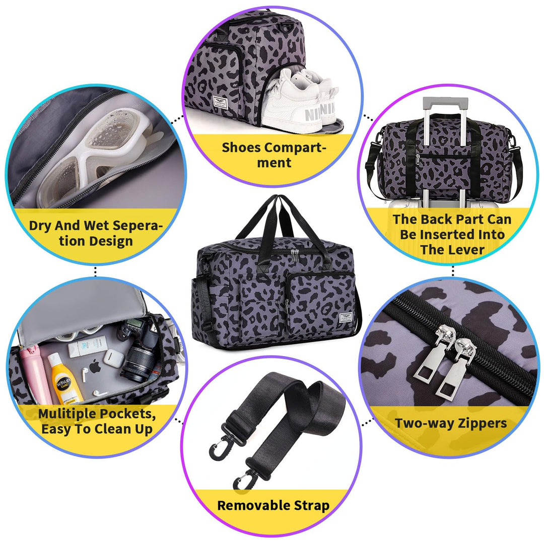 FIORETTO Women's Water-Resistant Gym Duffle Bag with Shoes Compartment, 37L Capacity, Multi-Functional, Ideal for Travel, Gym, Sports, Duffel, Weekender, Leopard Print