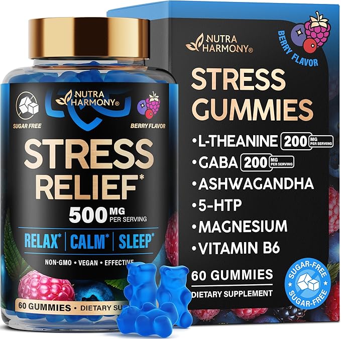 Stress Relief Support 500 mg - Relax, Calm & Sleep Support - Stress Gummies with L-Theanine | GABA | Ashwagandha | 5-HTP | Vitamin B6 & Magnesium - Sugar-Free, Vegan, Mixed Berry Flavor - 60 Gummies