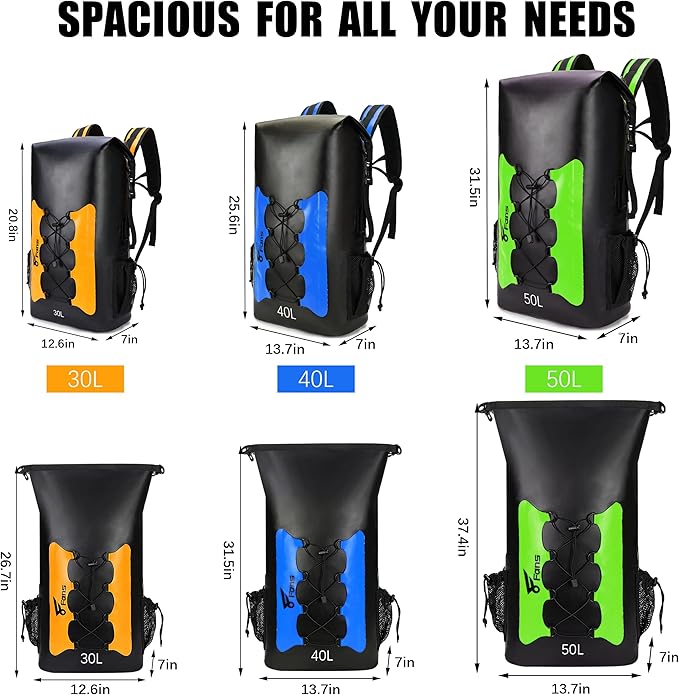 8 Fans Waterproof Backpack 50L,Floating Dry Bag with Phone Case,Roll Top Closure Waterproof Bag for Kayak Boating Sailing Canoeing Rafting Fishing Camping Green