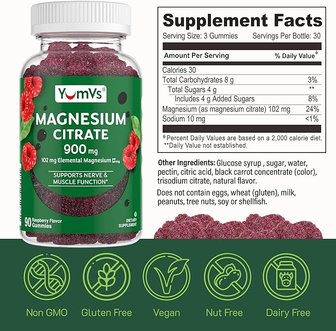 YUM-V'S Magnesium Citrate Gummies - 900mg Magnesium Citrate (102mg of Elemental Magnesium) Highly Absorbable Citrate, Supports Nerve, Enzyme & Muscle Function - 90 Count