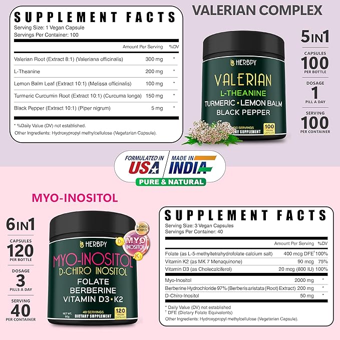 Bundle 5in1 Valerian Root Supplement 100 Count & 6in1 Myo-inositol & D-Chiro Inositol Supplement for Women 120 Count - Support Restful Night, Relaxation, Heart & Overall Health