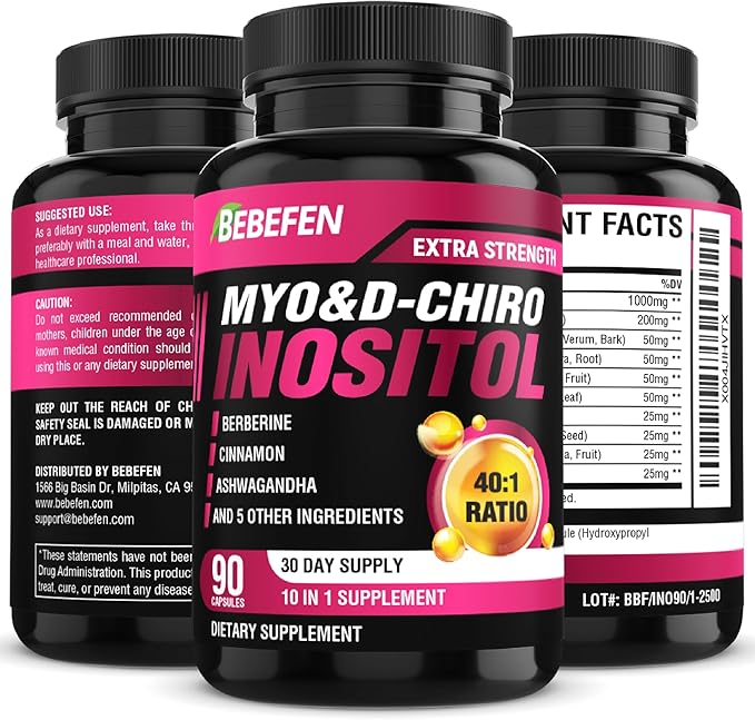 BEBEFEN Inositol Supplement - Myo-Inositol and D-Chiro Inositol Ideal 40:1 Ratio - Plus Berberine, Cinnamon, Ashwagandha + 5 More - 90 Capsules