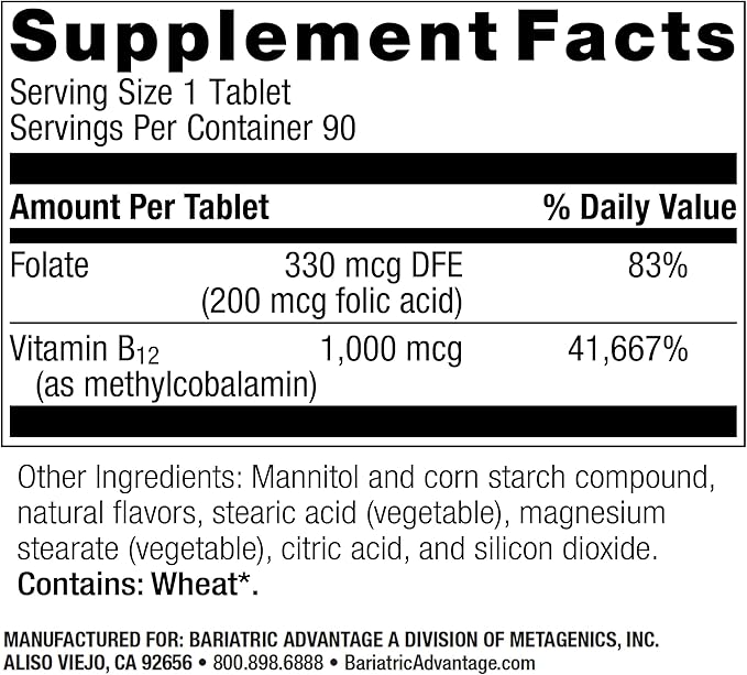 Bariatric Advantage B-12 Speedy Melts, Vitamin B12 1000 mcg Supplement, Fast Melting with 200 mcg of Folic Acid for Nutritional Support - Black Cherry, 90 Count