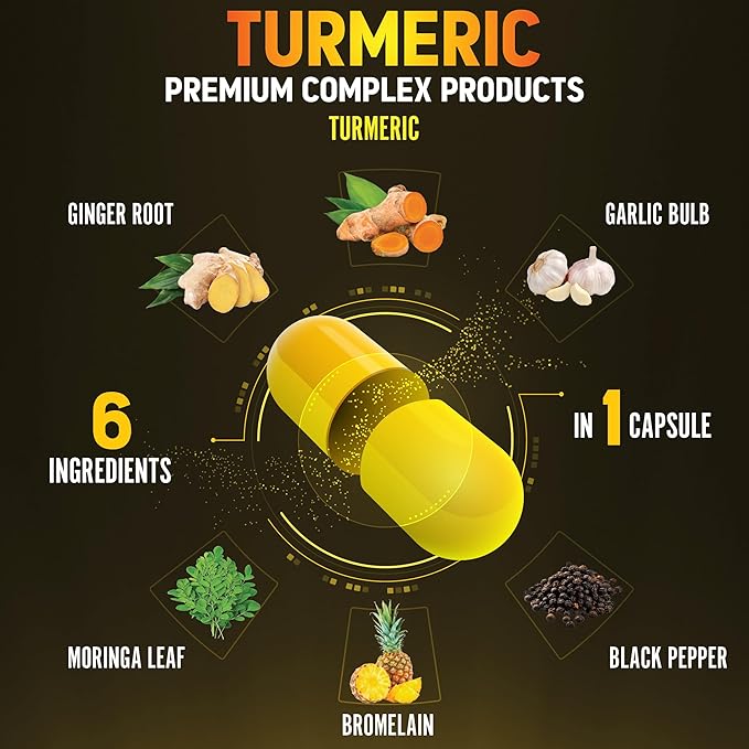 6 in 1 Turmeric Curcumin + Ginger Capsules, 95% Curcuminoids with Ginger, Garlic Bulb, Bromelain, Moringa, Black Pepper - 120 Capsules