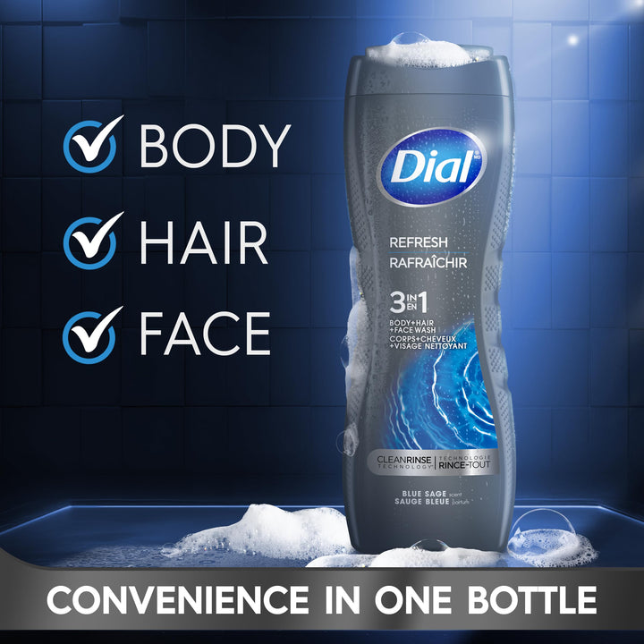 Dial Men 3in1 Body, Hair and Face Wash, Hydro Fresh, 16 fl oz, Pack of 6