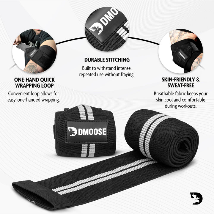 DMoose Fitness Elbow Wraps for Weightlifting, Bench Press, Cross Training & Powerlifting for Men and Women - 40" Nylon (Pair) Elbow Straps - Increases Stability of Joints and Support Injury Recovery