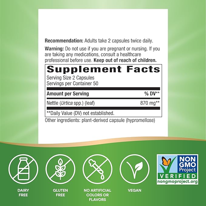 Nature's Way Nettle Leaf, Traditional Urinary Support*, 870 mg per 2-Capsule Serving, Non-GMO Project Verified, Vegan, 100 Capsules (Packaging May Vary)