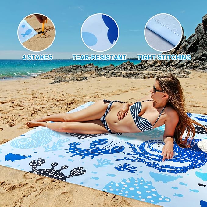 Beach Blanket, Sandproof Beach Mat 79" X 82" for 4-7 Adults, Large Waterproof Beach Blanket Quick Drying Lightweight Beach Blanket with 4 Stakes for Travel Camping Hiking (Octopus)