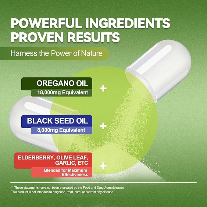 Oil of Oregano with Black Seed Oil Capsules High Absorption with Garlic,Olive Leaf,Quercetin,Black Pepper and More Supplement for Women and Men Immune Support Digestive Health 120 Counts