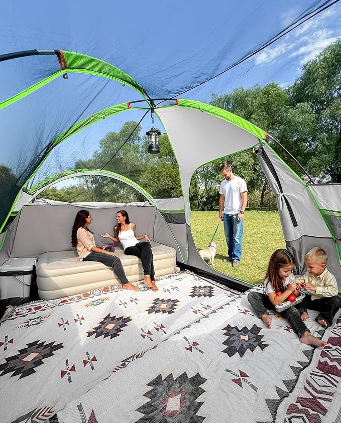 8 Person Larger Extended Dome Camping Tent with 3 Rooms, Waterproof Semi-Freestanding Family Outdoor Tent with Spacious Interior and Mesh Windows