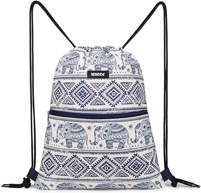 WANDF Drawstring Backpack String Bag Sackpack Cinch Water Resistant Nylon for Gym Shopping Sport Yoga (Blue Elephant with zipper)