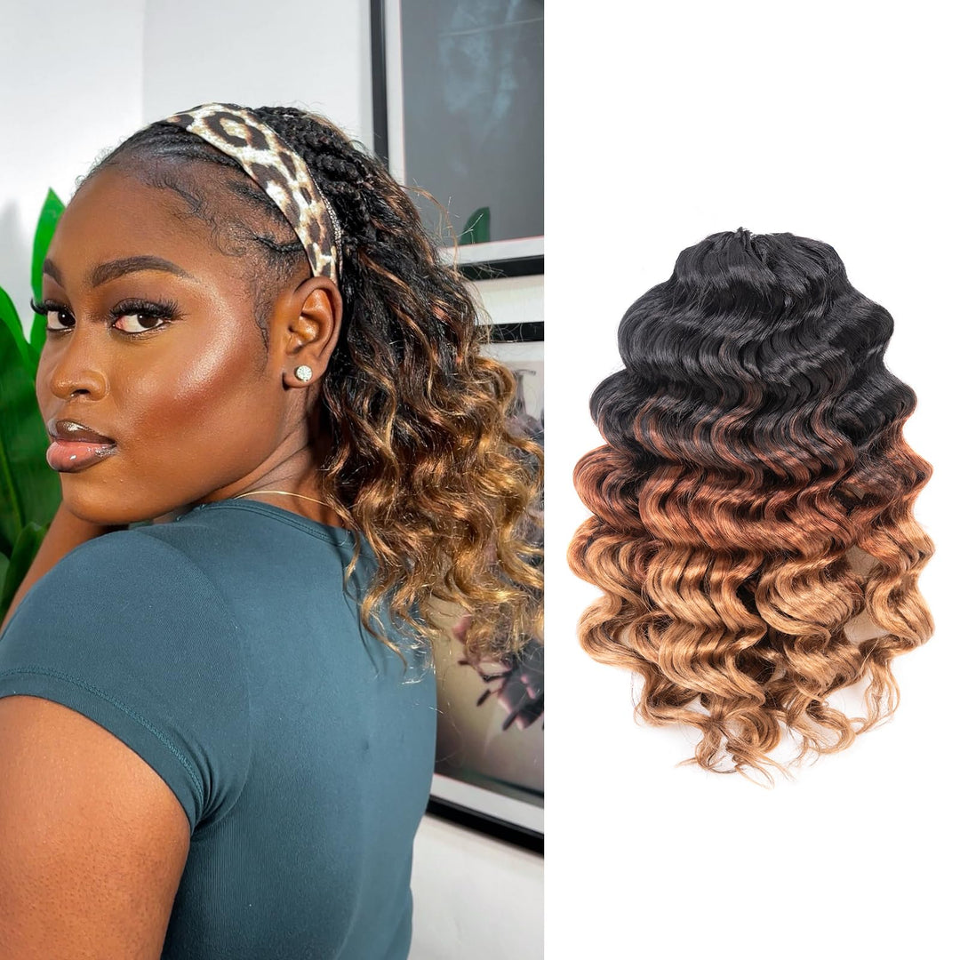 Toyotree Ocean Wave Crochet Hair - 12 Inch 8 Packs 3 Tones Ombre Brown Mid-Length Curly Deep Wave Crochet Hair, Synthetic Ocean