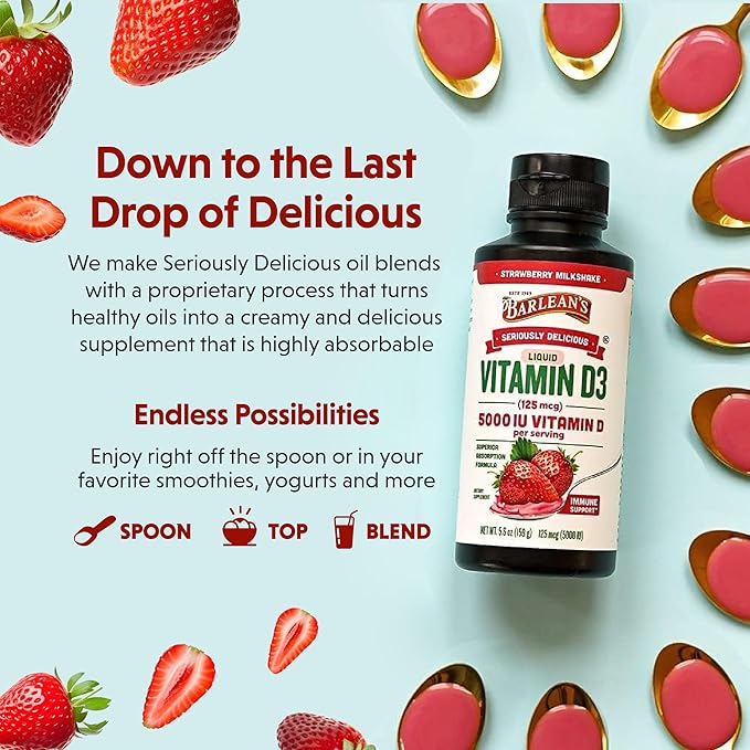 Barlean's Liquid Vitamin D, 5000 IU D3, Strawberry Milkshake Flavored for Kids and Adults, Maximum Absorption, Non-GMO, Gluten-Free - 5.6 oz