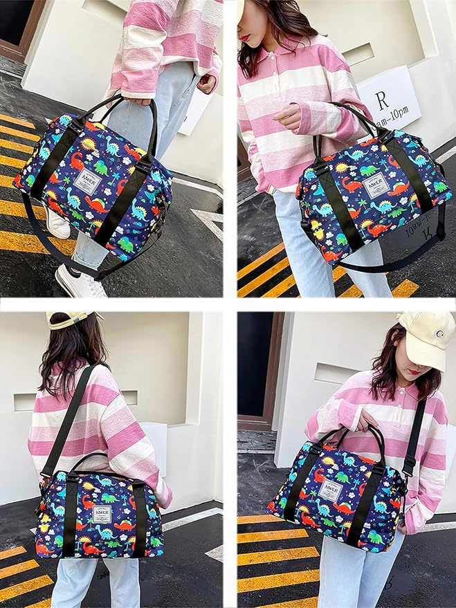 Travel Duffle Bag Weekender Overnight Bag Gym Tote with Wet Pocket for Women Girls Workout Duffel Bag Water Resistant (W-Cute Dinosaurs+Toiletry Bag)
