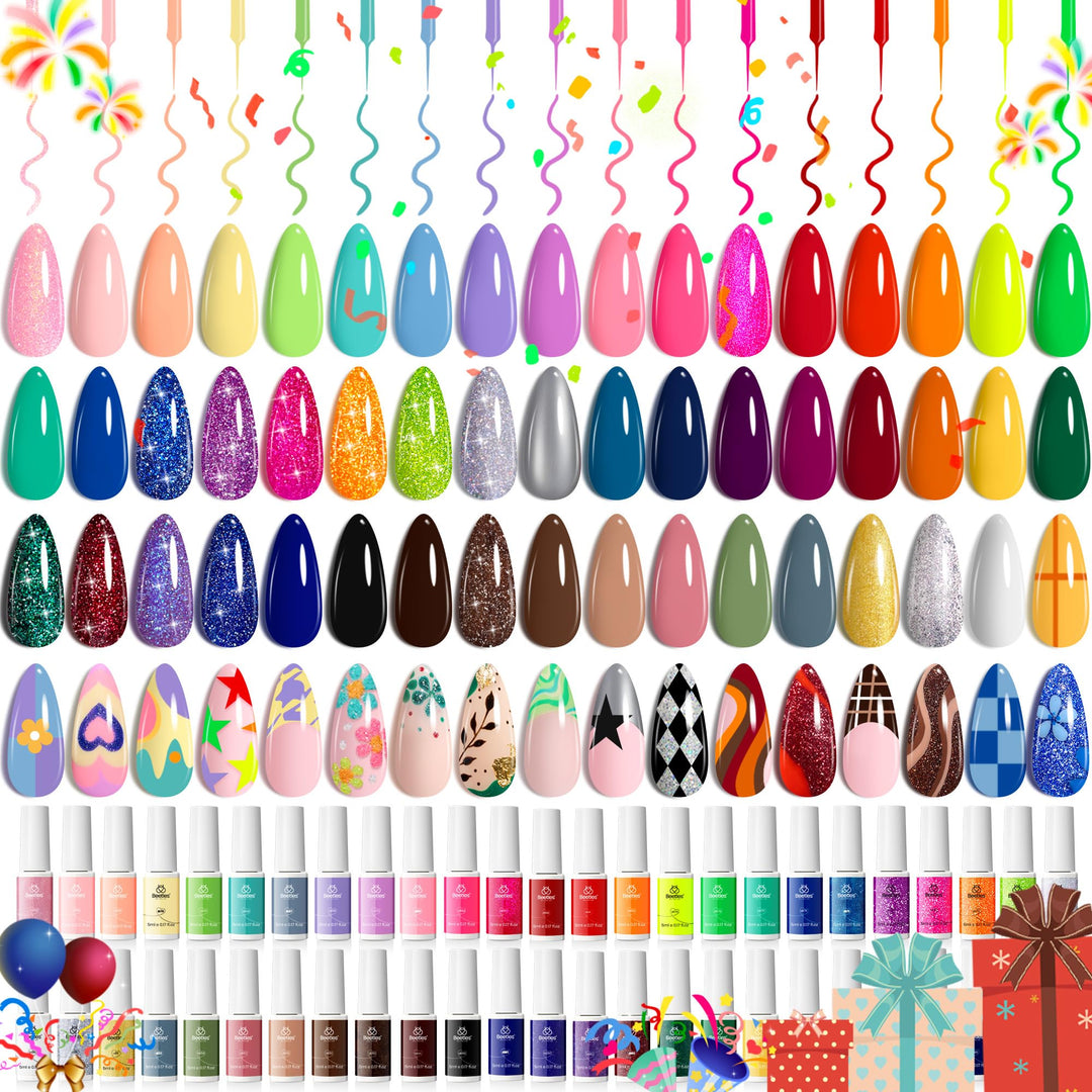 Beetles Gel Polish Liner Nail Art Set, 50 Colors Spring Summer Reflective Glitter Pink Red Blue Green Silver Gel Polish Soak Off