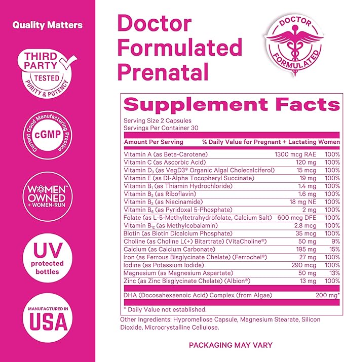 Pink Stork Total Prenatal Vitamins with DHA, Folate, Iron, Choline, and Vitamin B12 - Preconception Nutrition - Prenatals for Women, Pregnancy Must Haves - Mint Essence, 60 Capsules, 1 Month Supply