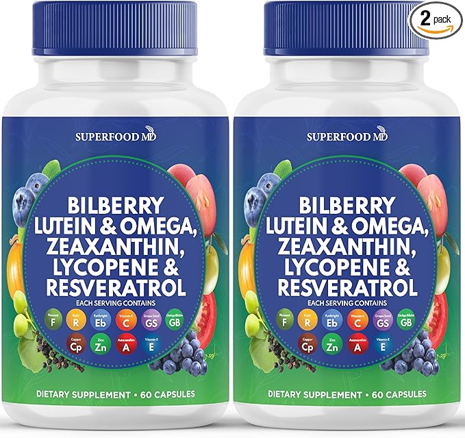 Superfood MD Eye Health Vitamins with Bilberry Lutein & Zeaxanthin Lycopene 40mg Resveratrol Grape Seed Extract Astaxanthin- AREDS 2 - Eye Vitamin - 120 Capsules