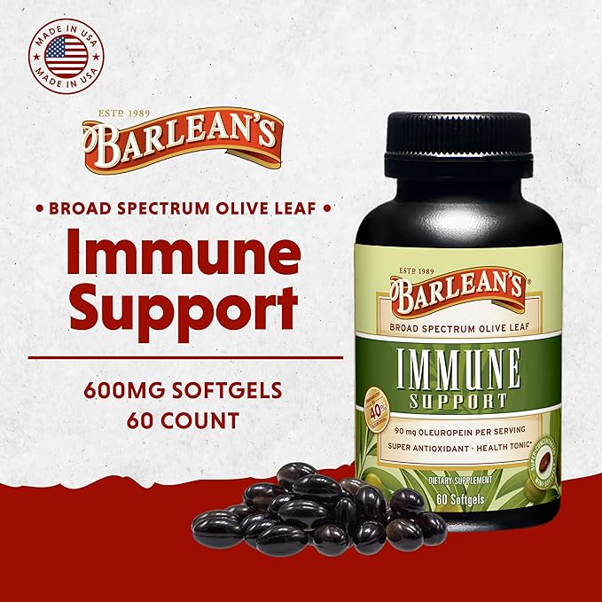 Barlean's Olive Leaf Complex Softgels Immune Support Supplement with 90 mg Oleuropein Antioxidants, Concentrated Heart Health and Immunity Booster Pills, 60 Count