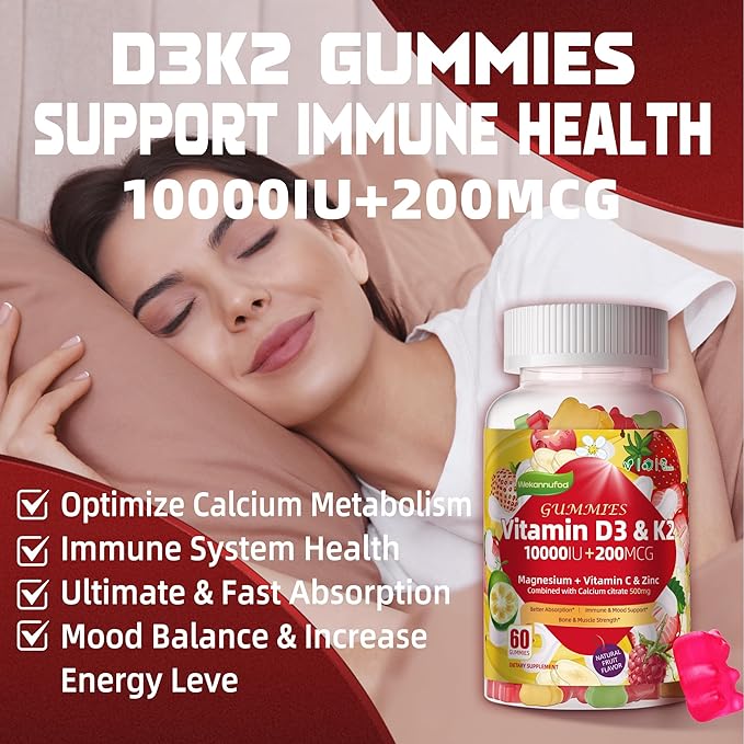 Sugar-Free Vitamin D3 K2 Gummies with Calcium + K2 (MK-7), Magnesium Citrate, Vitamin C, Extra Strength - Ultimate Absorption for Bone Muscle Teeth Immune, Vegan - 60 Gummies