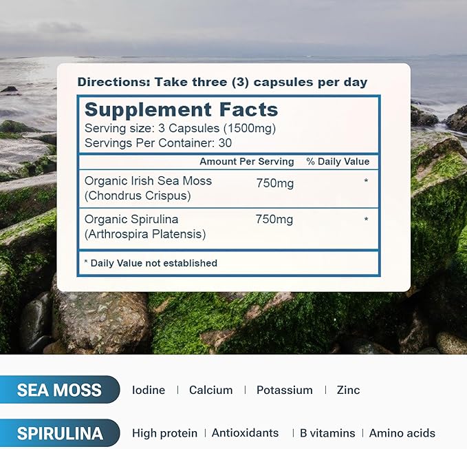 Organic Sea Moss Spirulina, 90 Capsules, 100% Organic Sea Moss Spirulina, Strength & Endurance- High Potency Sea Moss Supplement, Made in USA, Superfood Capsules for Men & Women, Vegan