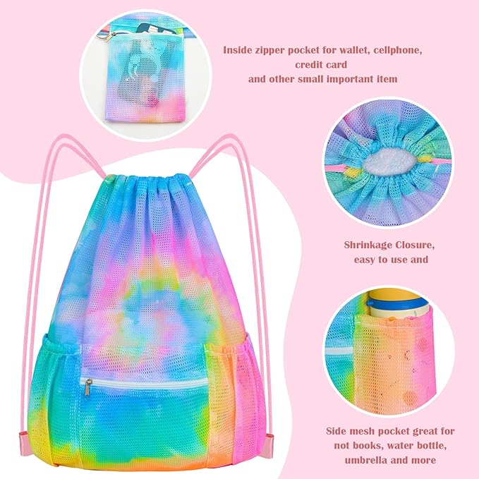 Mesh Drawstring Backpack, Large Sports Gym Bag for Women Kids with Pocket and Zipper Sackpack for Beach Yoga Football Soccer (Tie Dye Yellow)