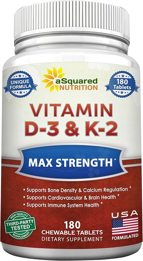 aSquared Nutrition Vitamin D3 with K2 Supplement-180 Chewable Tablets, Max Strength D-3 Cholecalciferol & K-2 MK7 to Support Healthy Bones, Teeth, Heart -Antioxidant D3 & K2 MK-7 Energy Formula Adults