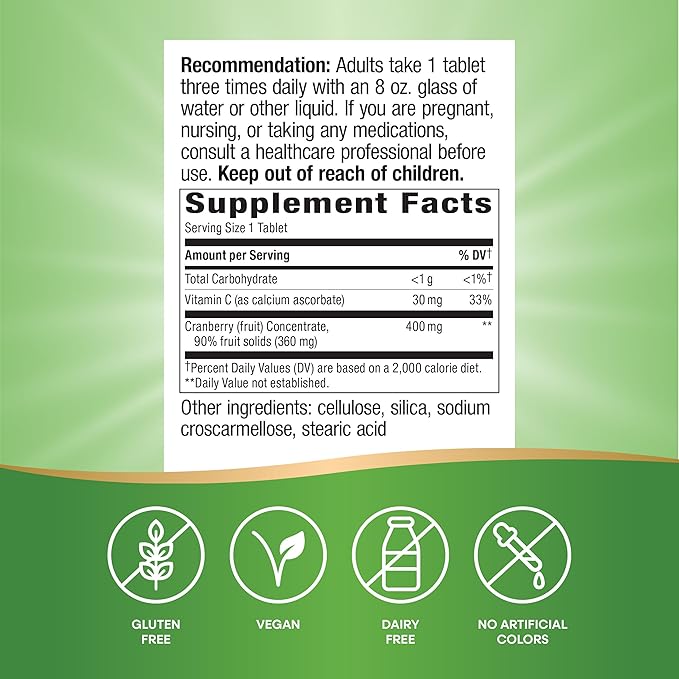 Nature's Way Cranberry Premium Blend, Supports Urinary Tract Health*, With Vitamin C, For Men & Women, No Gluten, 120 Tablets (Packaging May Vary)