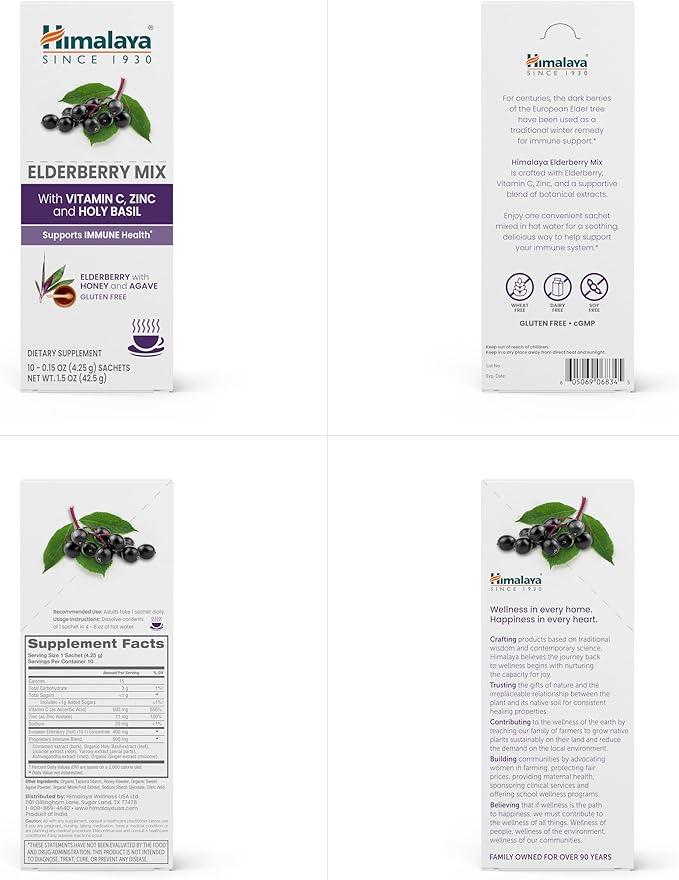 Himalaya Elderberry Mix, Drink Mix Supplement, Immune Support with Elderberry, Zinc, Vitamin C and Holy Basil, Caffeine Free, 10-0.15 oz (4.3 g) Packets, Easy to Mix, Gluten Free