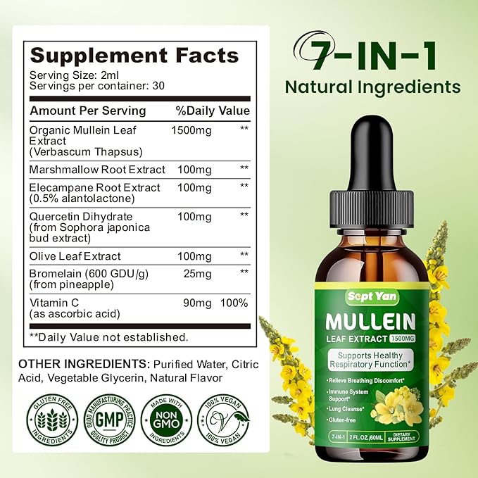 Mullein Drops for Lungs - 1500mg Mullein Leaf Extract Liquid Organic Herbal Supplement Support Lung Detox & Cleanse, Immune, Respiratory Function for Healthy Breathing - Natural Flavor, 2 Fl Oz, Vegan