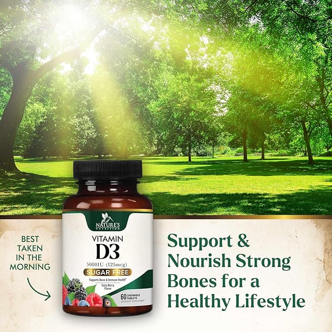 Vitamin D3 5000 IU (125 mcg) - Chewable Vitamin D Supplements for Bone, Teeth, Muscle & Immune Support, Sugar Free, Non-GMO, Gluten Free, Nature's Extra Strength D3 Vitamin - 60 Chewable Tablets