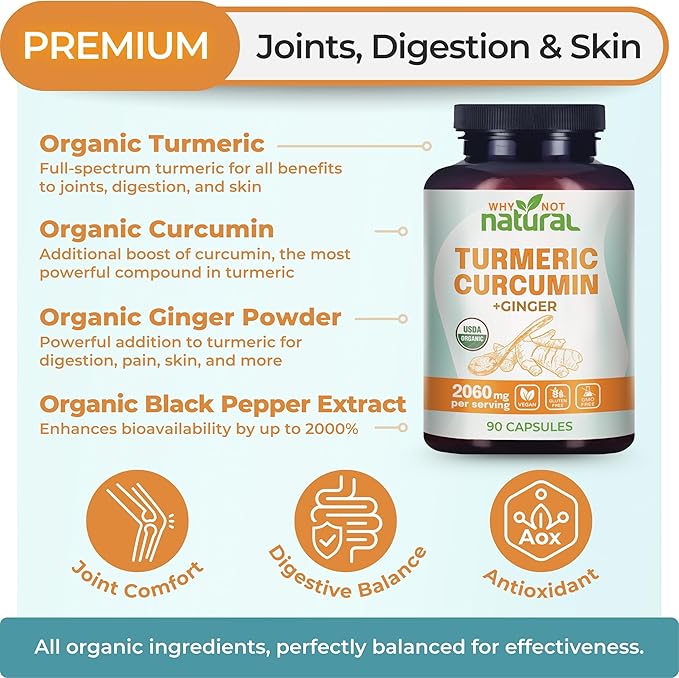 Organic Turmeric Curcumin Supplement in Capsules with Ginger and Black Pepper - Tumeric