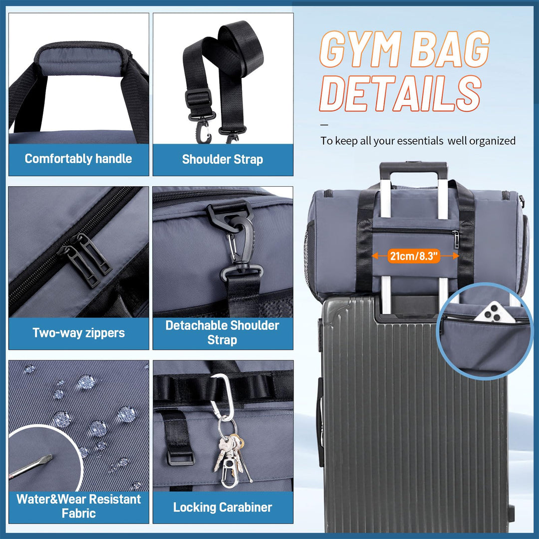 FIORETTO Women's Men's Water-Resistant Gym Duffle Bag with Shoes Compartment, 45L Capacity, Multi-Functional, Ideal for Travel, Gym, Sports, Weekender, Blue