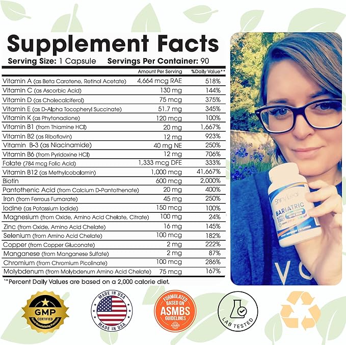 Shiny Leaf Bariatric Multivitamin with Iron - 45 mg for Gastric Bypass, Sleeve Gastrectomy, Roux-en-Y, Duodenal Switch - 22 Vitamins & Minerals, ASMBS Compliant, Vegetarian, Made in USA, GMP, 90 Ct.