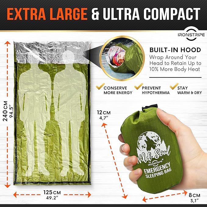 Bivy Sack Emergency Sleeping Bag – XL Waterproof Survival Sleeping Bag with Emergency Whistle, Built-in Hood & Thermal Mylar – Tear & Puncture-Resistant Emergency Bivy Bag