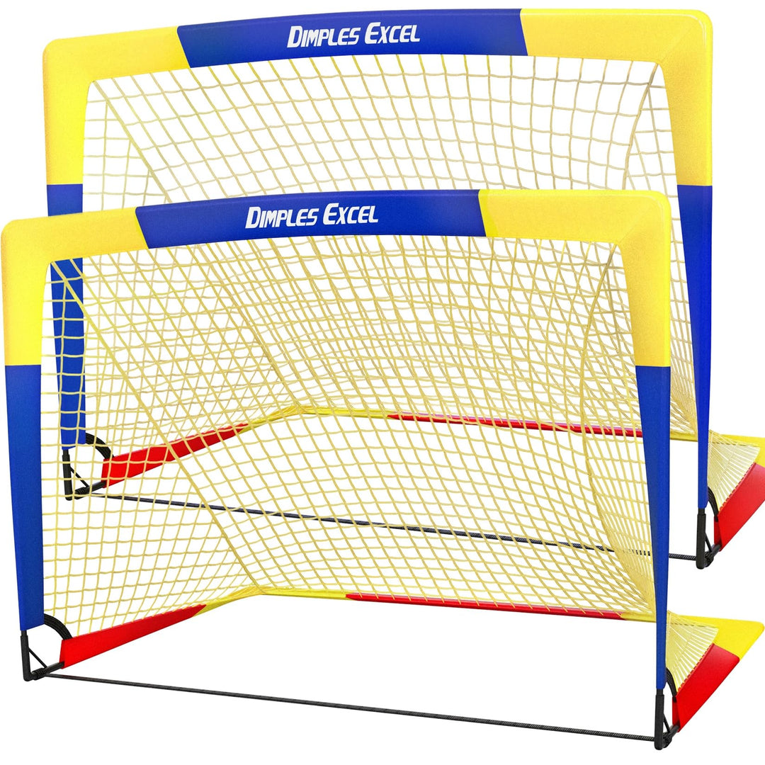 Dimples Excel Soccer Goals Kids Soccer Net for Backyard (4x3.1 FT 2 Set, Blue Yellow)