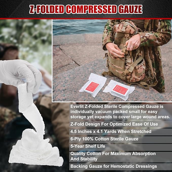 15 Pcs Z-Folded Compressed Sterile Gauze 4.5" x 4.1 Yards Combat Gauze Trauma Pad 6-ply 100% Cotton for Emergency Wound Dressing, First Aid Ifak Supplies Trauma Kit