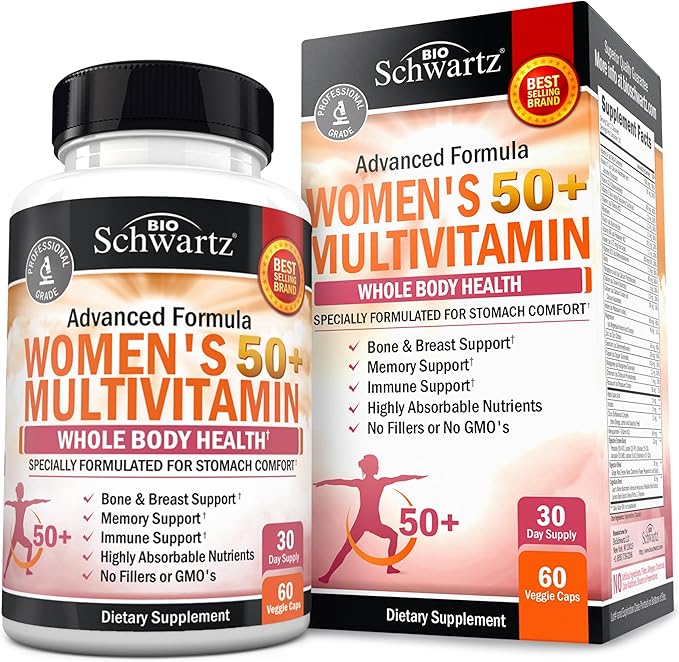 Daily Multivitamin for Women 50 & Over – Memory Support Supplement – Promotes Stress Reduction & Healthy Immune Response – Women's Multivitamin Supplement Designed for Stomach Comfort - 60 Capsules
