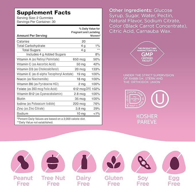 Zahler - Womens Prenatal Gummies - Grape Flavor - Prenatal Vitamins for Women with Folic Acid - Vegetarian & Kosher Pregnancy Vitamins - Womens Prenatal Multivitamin with A C D3 E B6 B12-60 Count