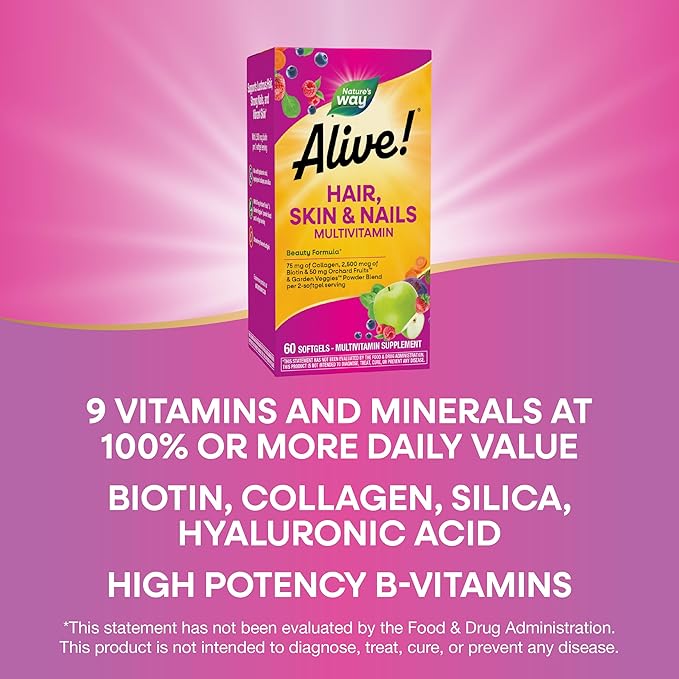 Nature's Way Alive! Hair, Skin & Nails Multivitamin with Biotin and Collagen, 60 Softgels