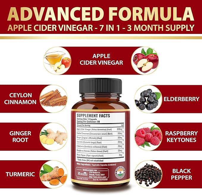 Zolotus 7 in 1 Apple Cider Vinegar Capsules, 3 Month Supply with Ceylon Cinnamon, Ginger Root, Turmeric, Elderberry for Supports Digestion, Immune, 90 Capsules