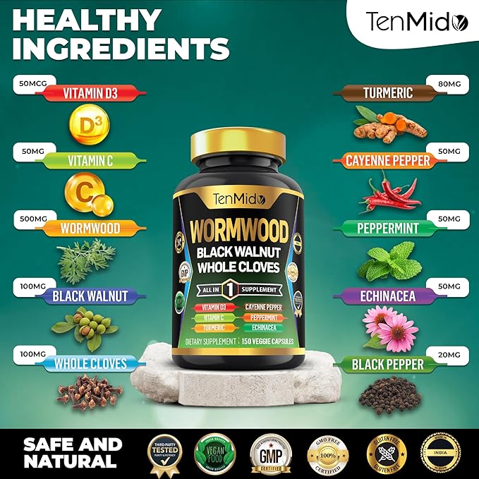 Wormwood Capsules Supplement for Men and Women, 10in1 Formula with Black Walnut, Whole Cloves, Turmeric, Cayenne Pepper & More - Digestive, Immune Support - Nutrient Rich - 150 Capsules